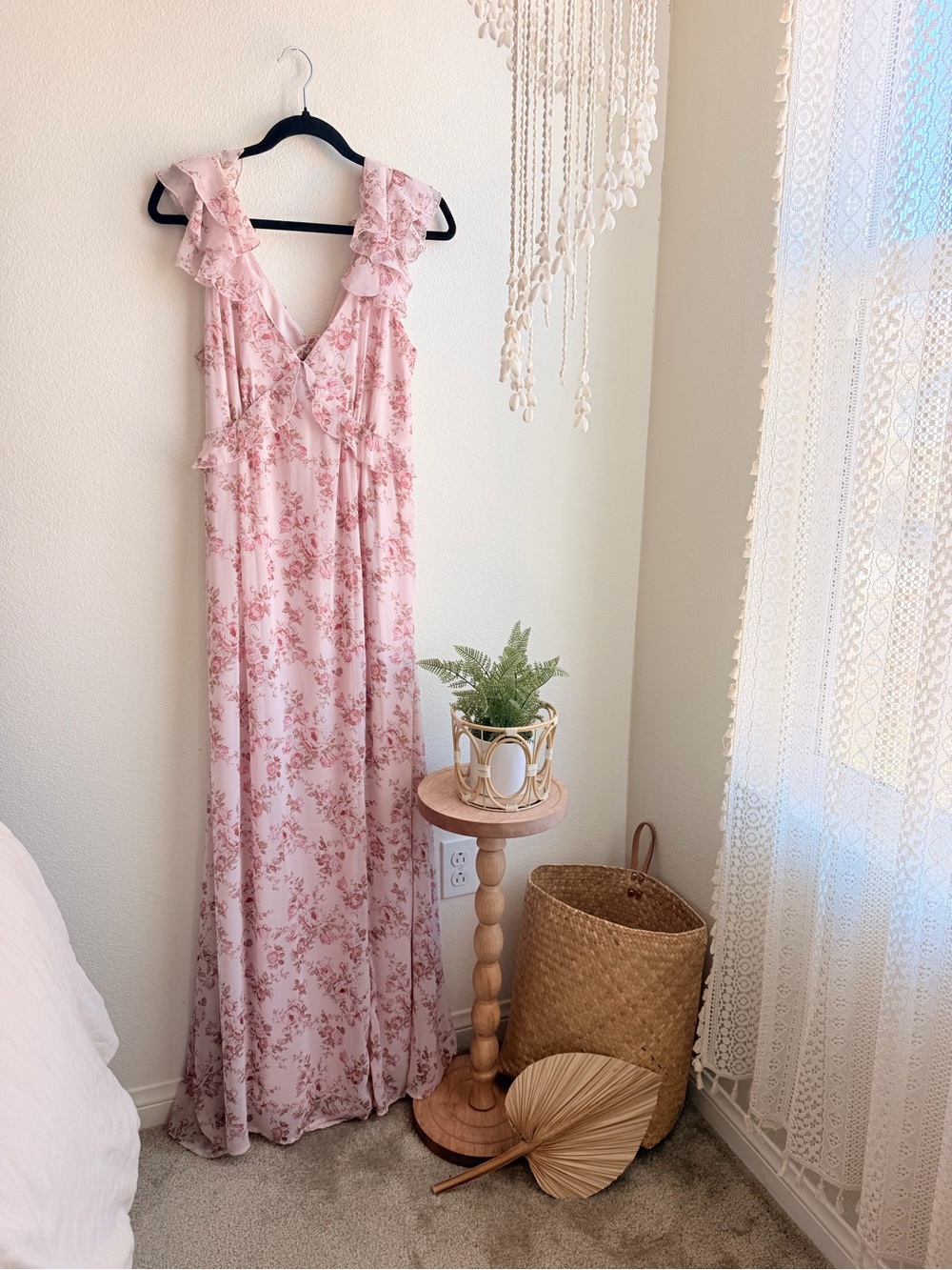 Francesca's Collections Pink Floral Ruffle Maxi Dress